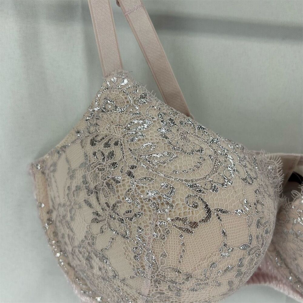 Victoria's Secret Push-Up Bra 38DD Silver Pink Lace Trim Underwired EUC 38E - Picture 2 of 13